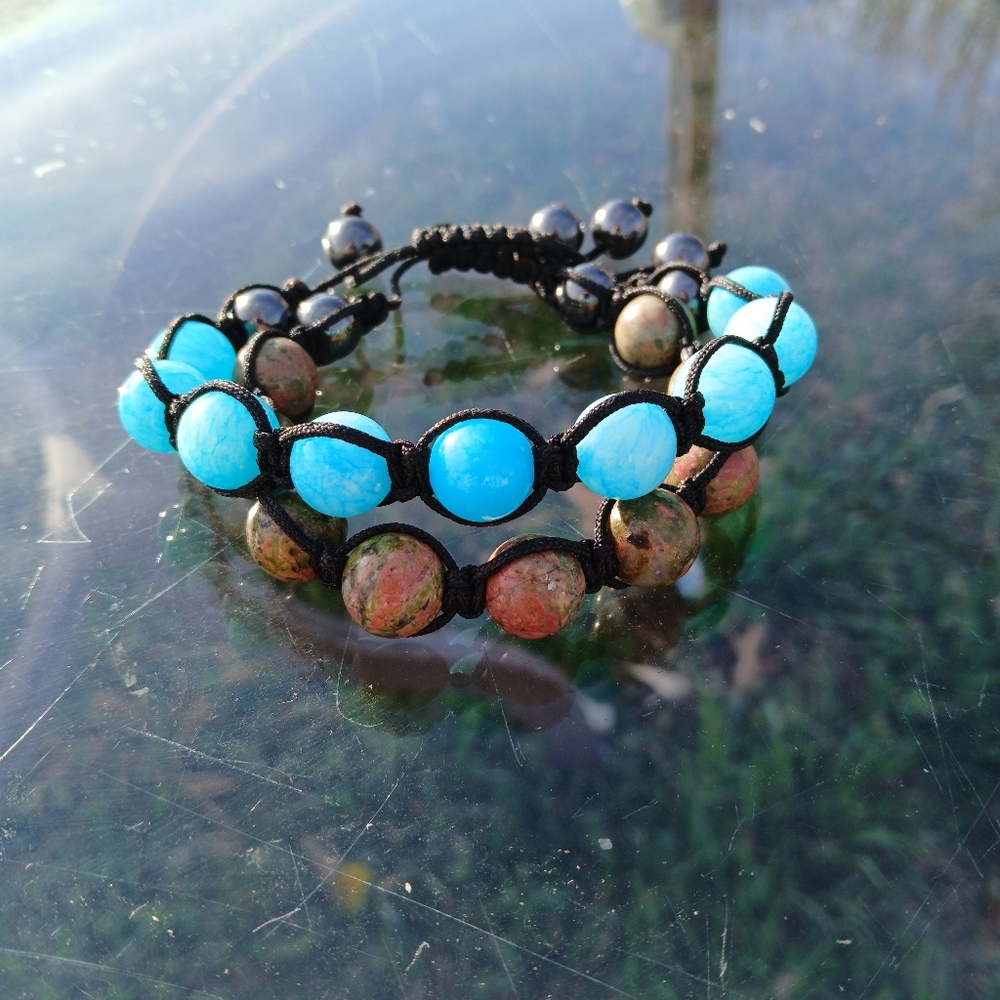 Set of 2 Boho Macramé Stone Bracelets - Unakite & Electric Blue